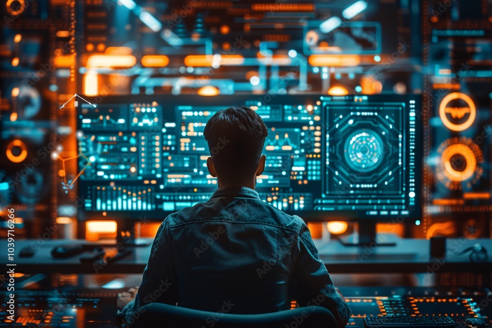 A young programmer focuses intently on multiple glowing screens displaying intricate data visualizations. The room's dim lighting enhances the vibrant colors of the technology around them A young programmer focuses intently on multiple glowing screens displaying intricate data visualizations. The room's dim lighting enhances the vibrant colors of the technology around them