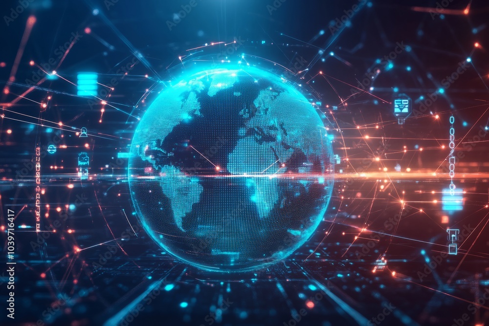 Obraz premium futuristic digital cover featuring a glowing global network with interconnected nodes.