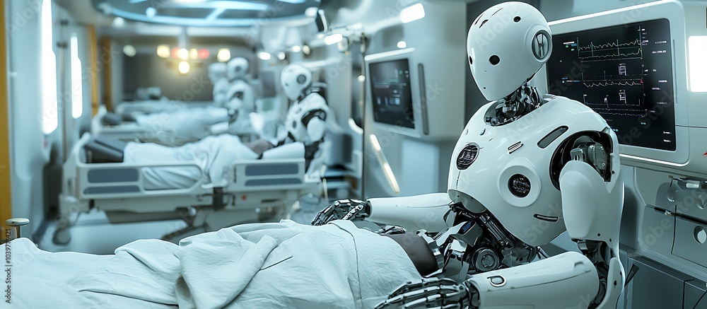 Robotic caregivers powered by AI assist with hygiene and medication in a futuristic hospital. Robotic caregivers powered by AI assist with hygiene and medication in a futuristic hospital.