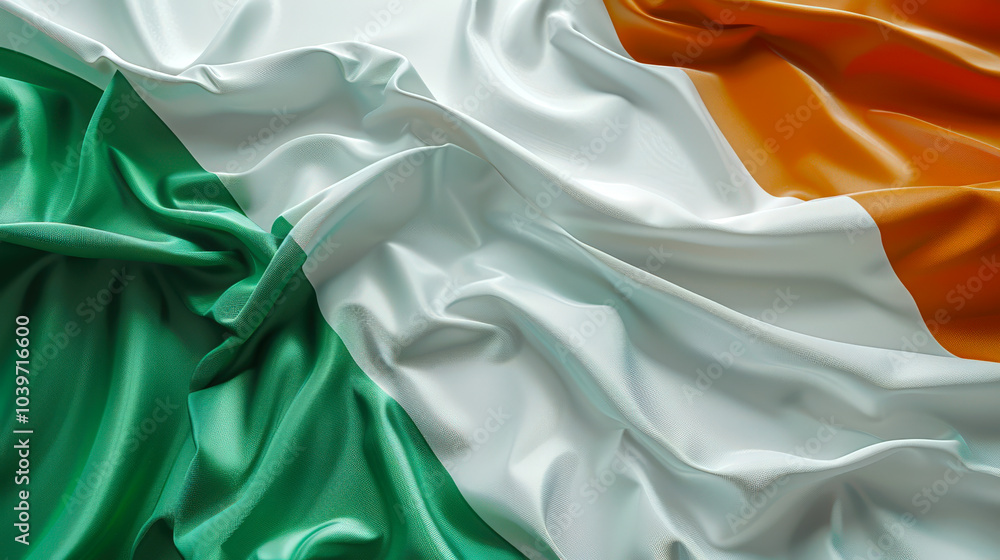 The flag of Ireland, close-up. Wavy green-white-orange Irish flag, top view. Immigration and tourism. Patriotism and citizenship. Traveling and learning the Irish language. The national symbol The flag of Ireland, close-up. Wavy green-white-orange Irish flag, top view. Immigration and tourism. Patriotism and citizenship. Traveling and learning the Irish language. The national symbol