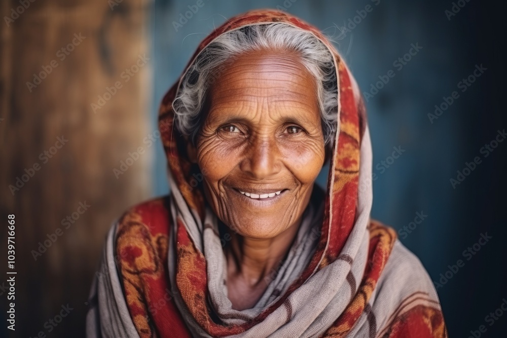 Portrait of an old woman with a scarf on her head smiling at the camera Portrait of an old woman with a scarf on her head smiling at the camera