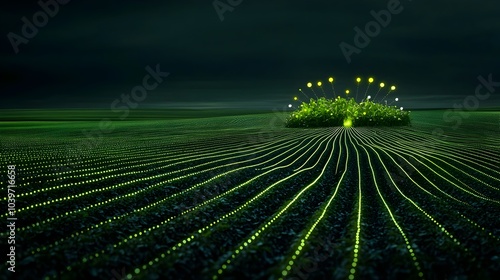 Geometric Farmland Abstraction with Glowing Mesh Outlines of Crops in a Precisely Planted Field  Digital with Minimalist Futuristic and Conceptual Design Elements photo