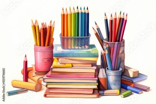 School books pencil drawing crayon.