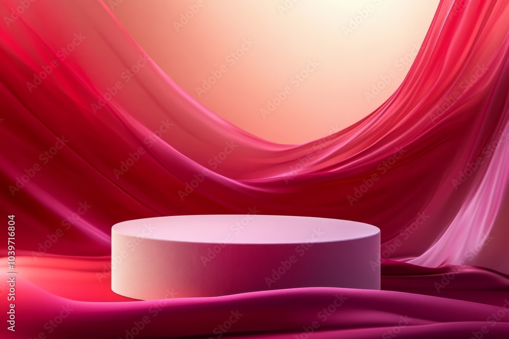 A smooth and round podium, surrounded by energy, on a red and burgundy background. A smooth and round podium, surrounded by energy, on a red and burgundy background.