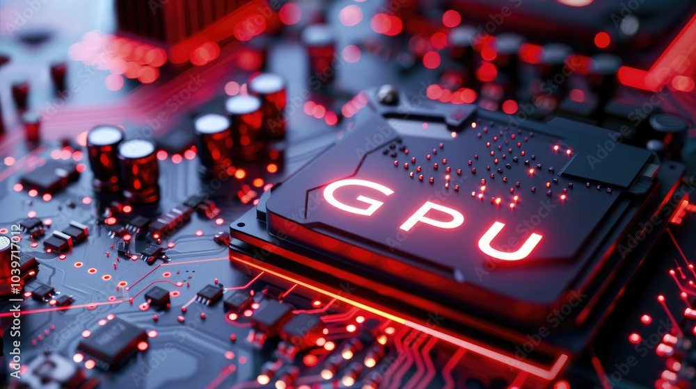 A close-up view of a high-performance GPU (Graphics Processing Unit) chip with intricate circuitry on a green motherboard, showcasing technology used for gaming and computing. A close-up view of a high-performance GPU (Graphics Processing Unit) chip with intricate circuitry on a green motherboard, showcasing technology used for gaming and computing.