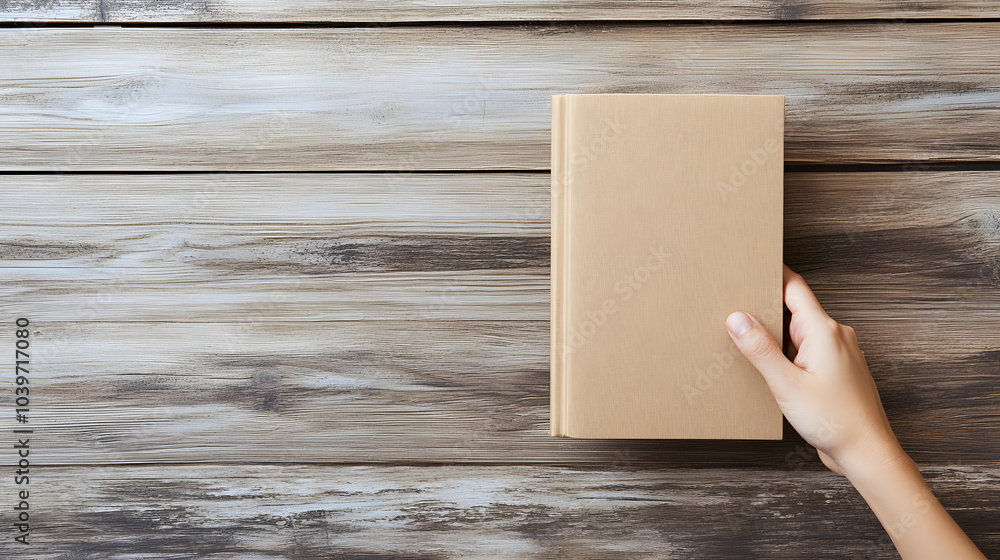 hand holds a brown book on a textured wooden surface, emphasizing simplicity, rustic charm, and a love for reading. copy space, mockup hand holds a brown book on a textured wooden surface, emphasizing simplicity, rustic charm, and a love for reading. copy space, mockup