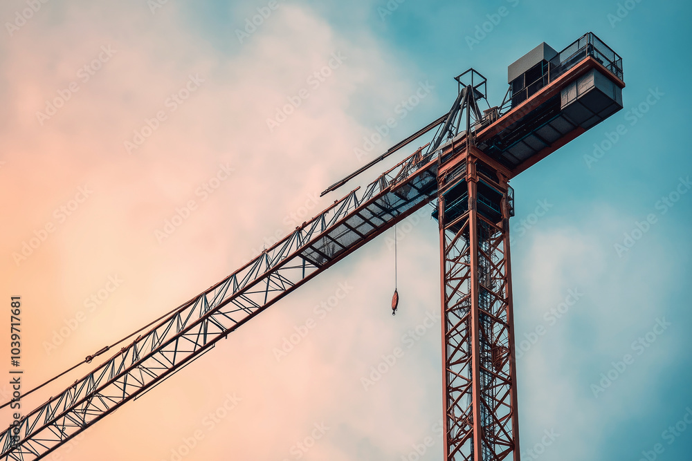 Minimalist perspective of a construction crane towering over a bare landscape, empty sky in the background. Minimalist perspective of a construction crane towering over a bare landscape, empty sky in the background.