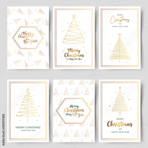 Set of christmas cards with golden christmas tree and lettering. Minimalistic xmas greeting cards.