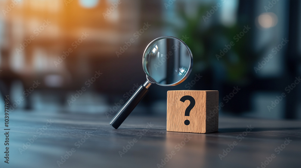 custom made wallpaper toronto digitalA magnifying glass drawn on a wooden cube zooming in on a question mark symbol on another cube, emphasizing the thorough approach to problem-solving and analysis in management.