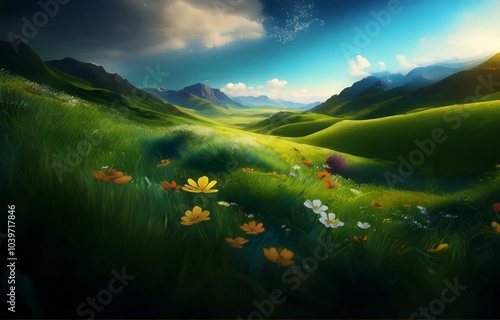 A field of wildflowers and tall grass spreads across the foothills of rolling mountains under a blue sky dotted with clouds. photo