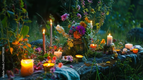 Decorating a Beltane altar with flowers, candles, and symbols of fertility,...