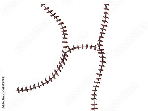 Stitching with brown thread on big wound with dried blood on skin isolated on white