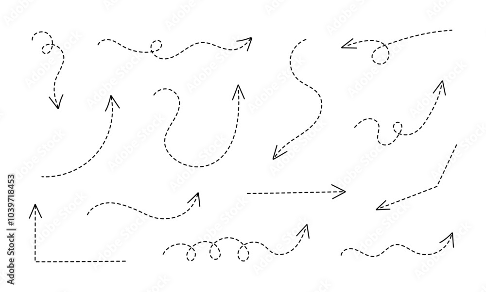 Dash-dotted line arrows set—vector black arrows for web design or interface—symbols of direction pointers and arrow elements for the infographic. Vector direction navigation. Dash-dotted line arrows set—vector black arrows for web design or interface—symbols of direction pointers and arrow elements for the infographic. Vector direction navigation.