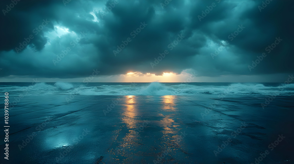 Obraz premium Dramatic Ocean Sunset with Storm Clouds - Realistic Image