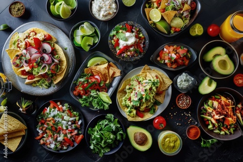 Mexican cuisine flat lay with nachos tequila and guacamole.