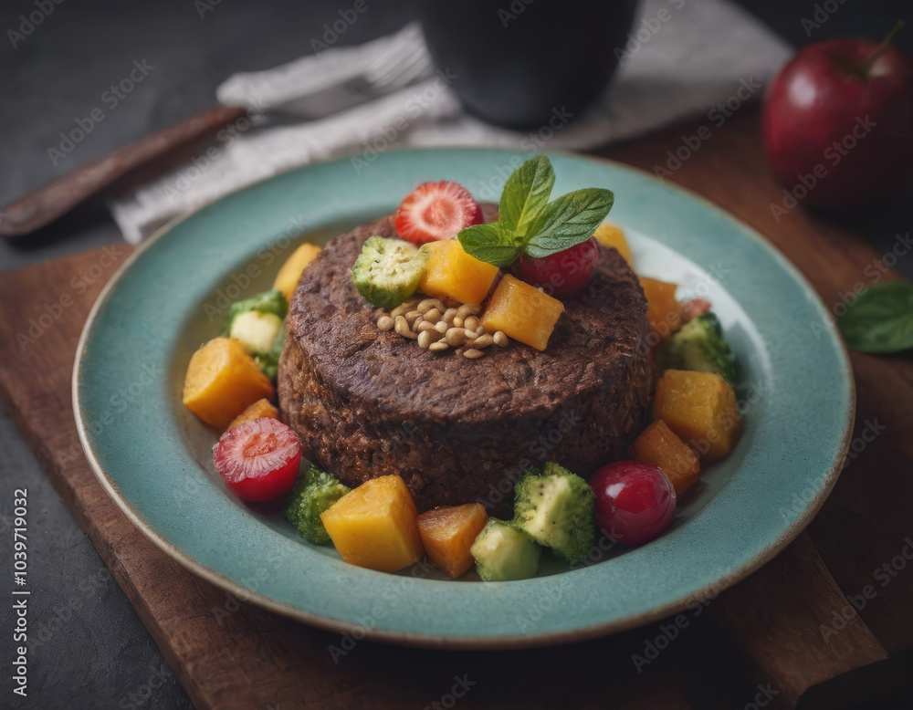 Un classico hamburger vegano con una polpetta di tofu grigliato, pomodori succosi, lattuga croccante e una fetta di cipolla, il tutto in un panino morbido ai semi di sesamo. Un classico hamburger vegano con una polpetta di tofu grigliato, pomodori succosi, lattuga croccante e una fetta di cipolla, il tutto in un panino morbido ai semi di sesamo.