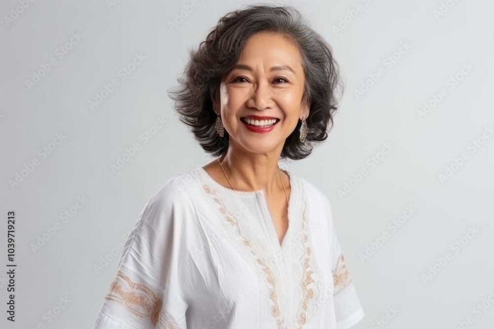 Portrait of a happy senior asian woman smiling over gray background Portrait of a happy senior asian woman smiling over gray background