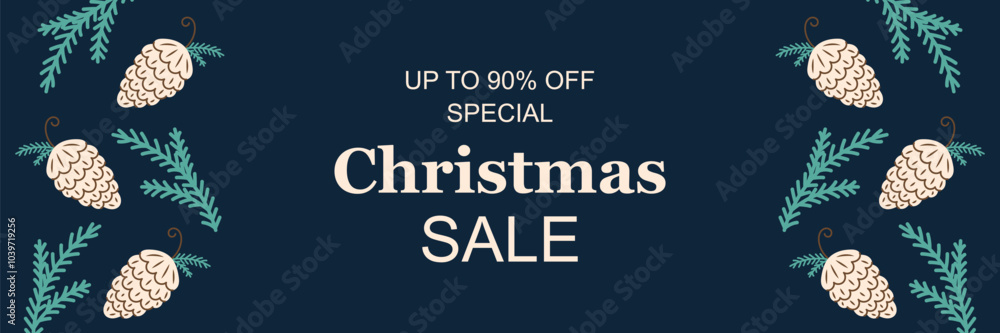 Fototapeta premium Horizontal banner Christmas sale. Frame with pine cones on the edges. dark background. Christmas and New Year. Vector illustration.