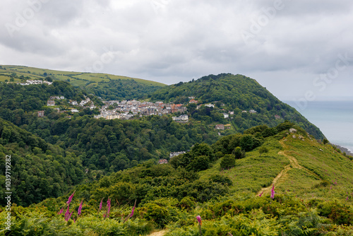 View of Lynton and Lynmouth from the mountain, Exmoor, Devon, UK photo