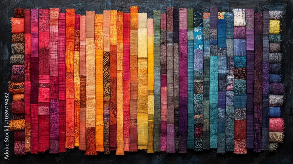 A Mosaic of Colors and Texture fabrics, textiles, and materials representin. A Mosaic of Colors and Texture fabrics, textiles, and materials representin.