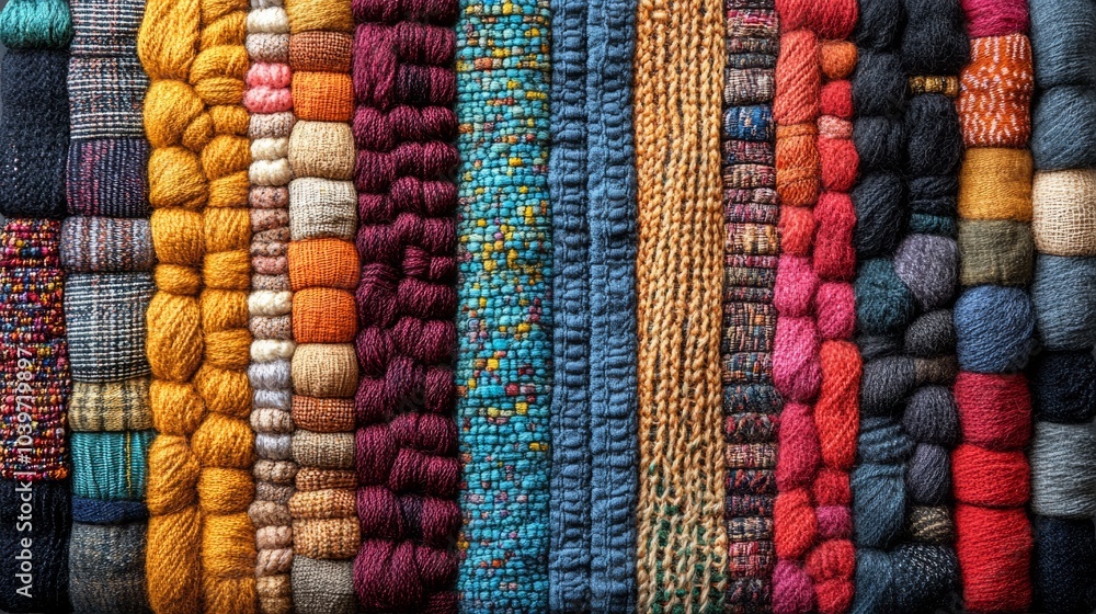 A Mosaic of Colors and Texture fabrics, textiles, and materials representin. A Mosaic of Colors and Texture fabrics, textiles, and materials representin.