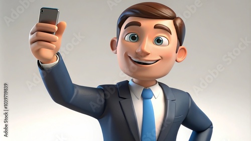 3D cartoon man in a suit and tie holding a cell phone, taking a selfie against a white background. photo