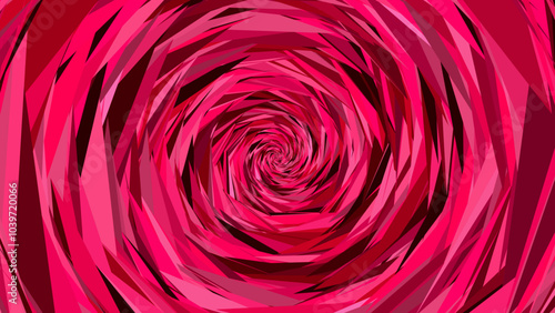 Abstract geometric vibrant pink rose background made of triangles with spiral effect. Digital artwork with a modern futuristic style, blending expressionism and polygonal design. Vector illustration