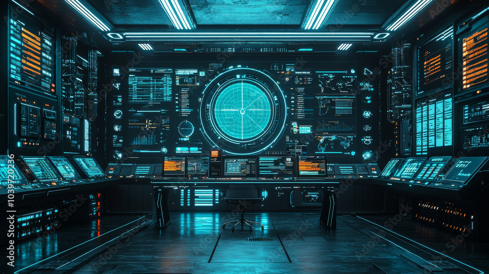 Obraz premium Future sci-fi scene supercomputer control center