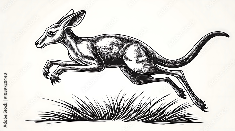 Obraz premium Elegant minimalist sketch of a jumping kangaroo, its body gracefully arched in mid-motion, drawn with soft, flowing lines on a clean white background, capturing its agility and speed, hd quality,