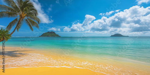 Panoramic view of a tropical beach with clear waters and volcanic rocks. photo