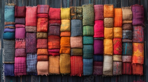 A Mosaic of Colors and Texture fabrics, textiles, and materials representin.