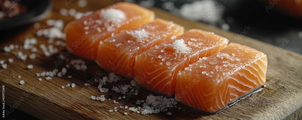Closeup of fresh raw salmon fillets on a wooden chopping board sprinkled with sea salt Minimalist and clean food photography with soft tones and textures Closeup of fresh raw salmon fillets on a wooden chopping board sprinkled with sea salt Minimalist and clean food photography with soft tones and textures