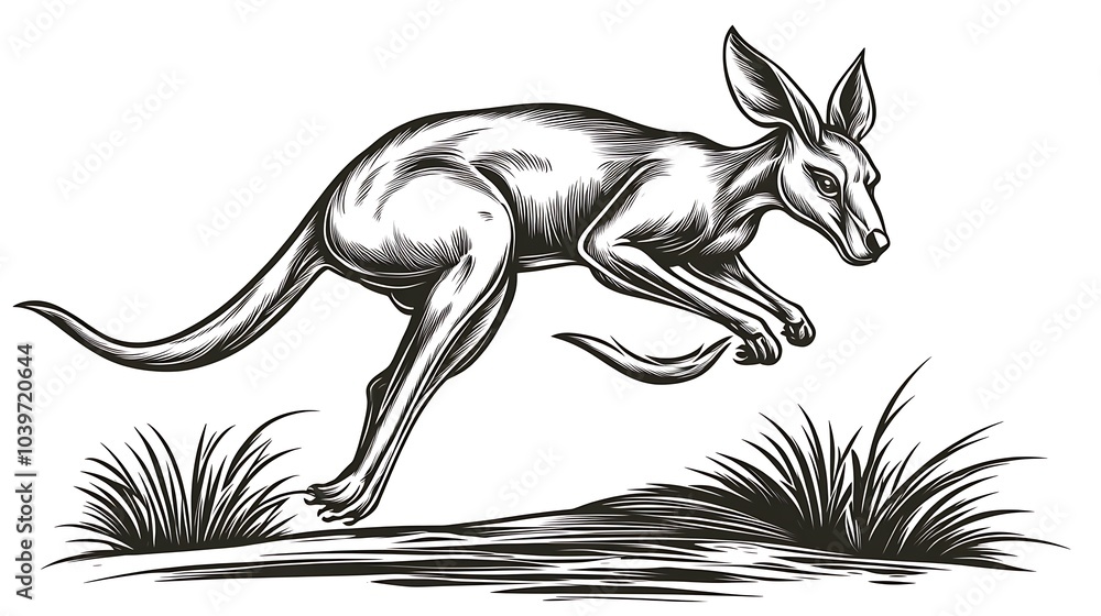 Obraz premium Elegant minimalist sketch of a kangaroo mid-jump, its body poised in motion, minimalist style on a white background, flowing linework capturing grace and energy, hd quality, natural look,