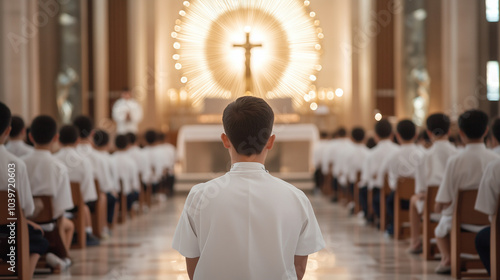 A Catholic priest, surrounded by altar servers, holds the monstrance high during Mass in Kansas City, with the faithful kneeling in deep prayer, invoking the presence of Jesus in t