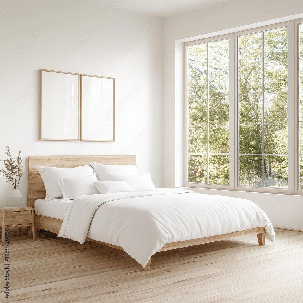 A serene bedroom featuring a wooden bed, white linens, and large windows that bring in natural light and outdoor views. A serene bedroom featuring a wooden bed, white linens, and large windows that bring in natural light and outdoor views.