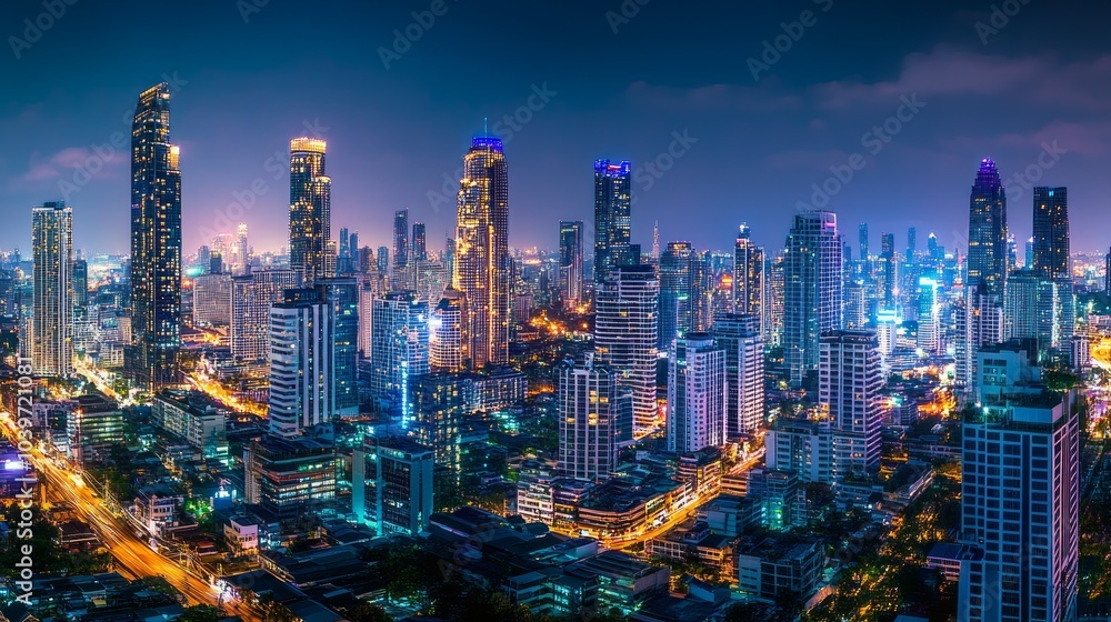 A panoramic view of a city skyline at night, with skyscrapers illuminated by streetlights and traffic. A panoramic view of a city skyline at night, with skyscrapers illuminated by streetlights and traffic.
