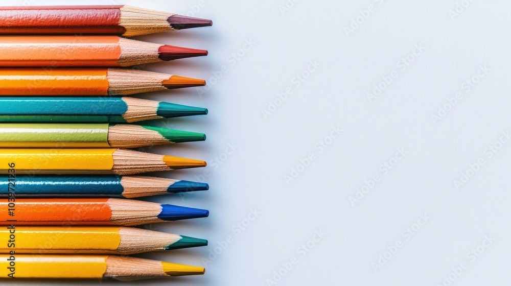 Row of colorful sharpened pencils aligned against a white background Generative AI Row of colorful sharpened pencils aligned against a white background Generative AI