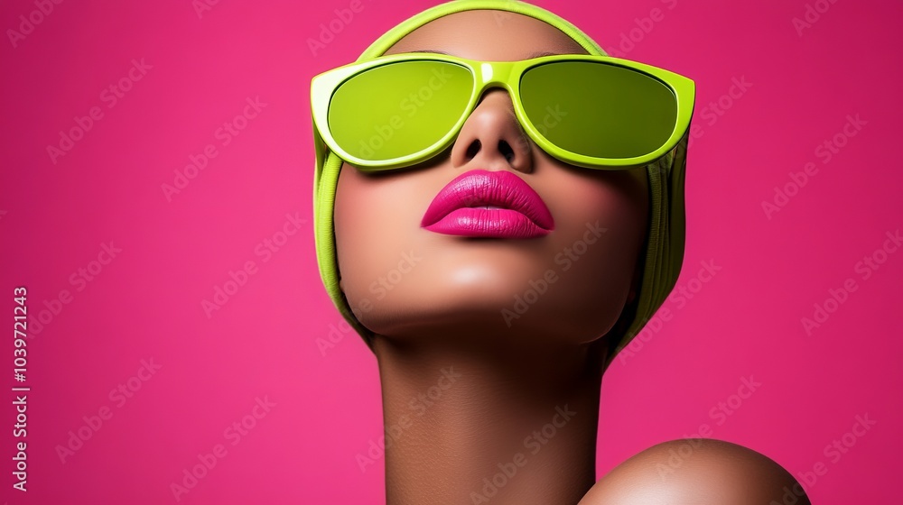 A woman wears bright green sunglasses against a pink backdrop Her lips are also pink A woman wears bright green sunglasses against a pink backdrop Her lips are also pink
