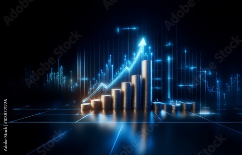 Wallpaper Mural A glowing blue arrow rises, showing the growth of a stack of coins against a dark background with blue light. Torontodigital.ca