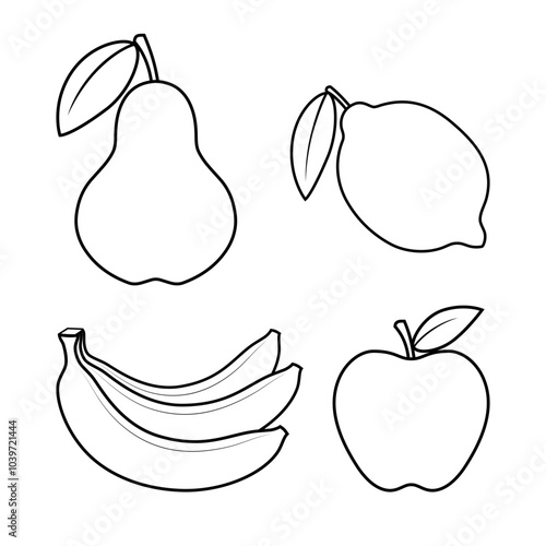 Fruits graphic icons set. Fruits signs isolated on white background. Apple, pear, lemon, bananas badges. Vector illustration
