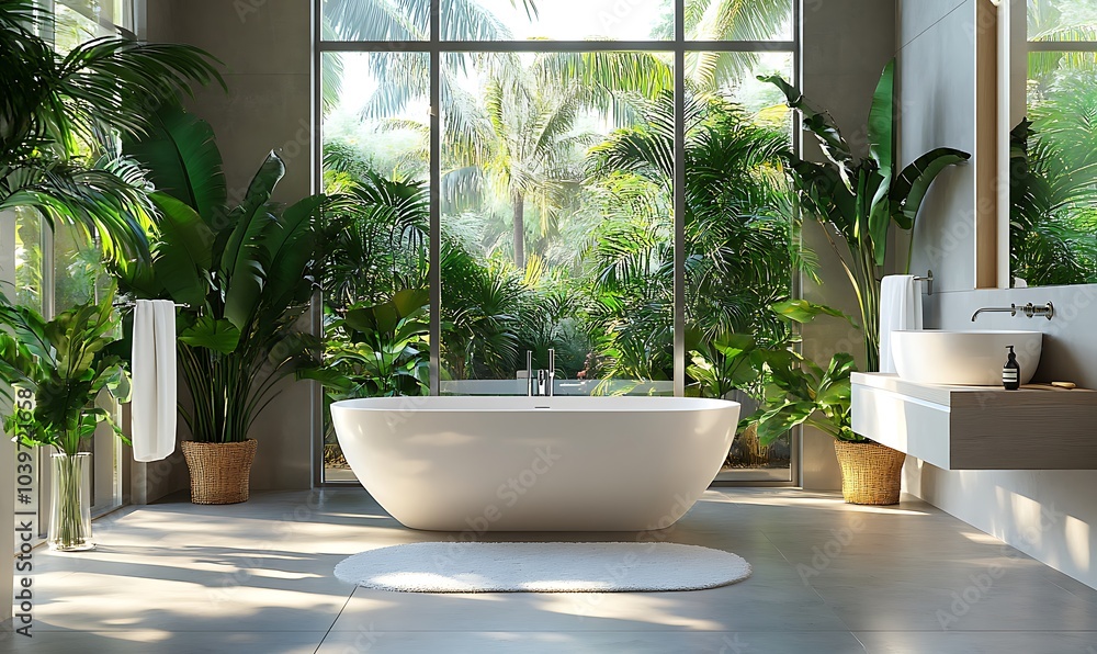 Modern Turquoise Bathroom Interior With Elegant Freestanding Bathtub And Self-Care Products In Sunlit Space, With Green Plant Decoration, Minimalist Design For Relaxation And Wellness, Generative Ai Modern Turquoise Bathroom Interior With Elegant Freestanding Bathtub And Self-Care Products In Sunlit Space, With Green Plant Decoration, Minimalist Design For Relaxation And Wellness, Generative Ai