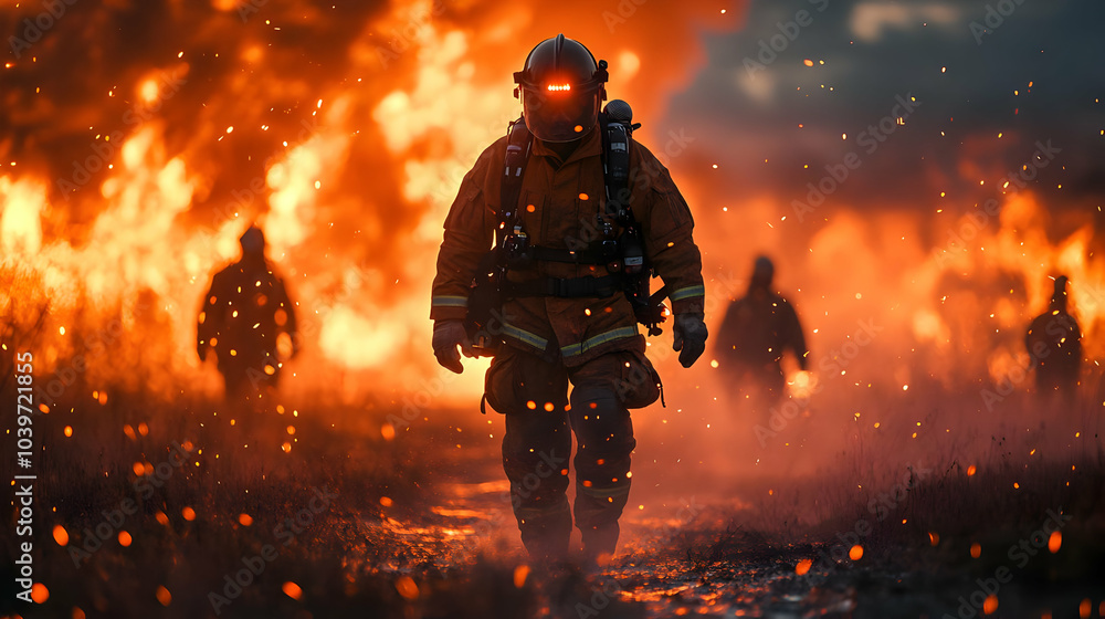 Firefighter Walking Through Fire Realistic Image