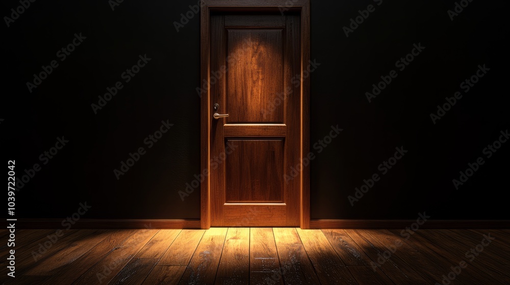 A wooden door, surrounded by darkness. A wooden door, surrounded by darkness.