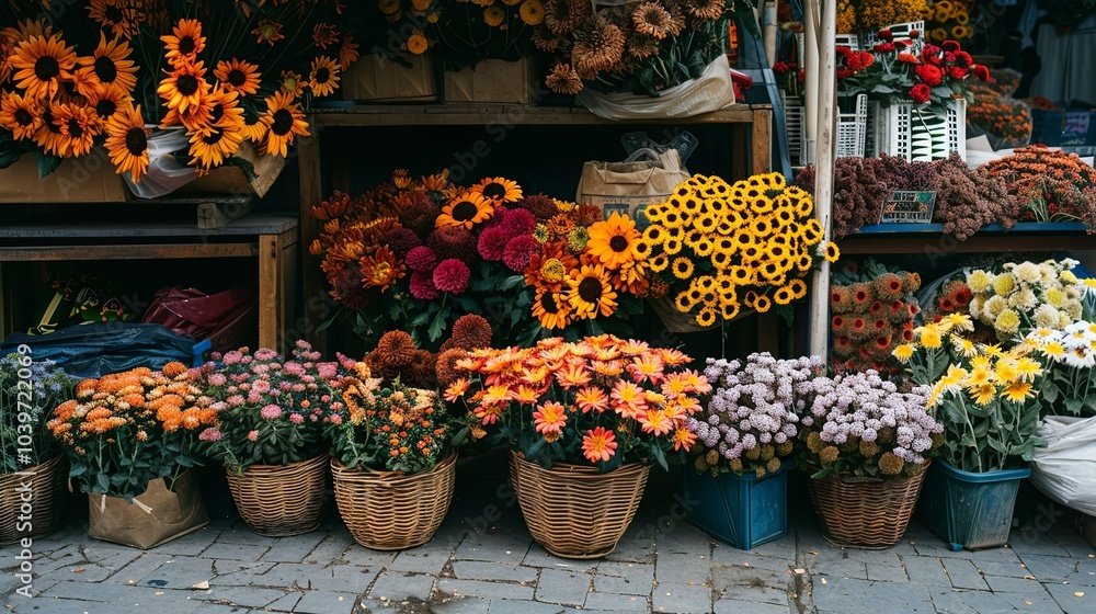 Fototapeta premium Outdoor market stall selling fall flowers, like chrysanthemums, sunflowers,...