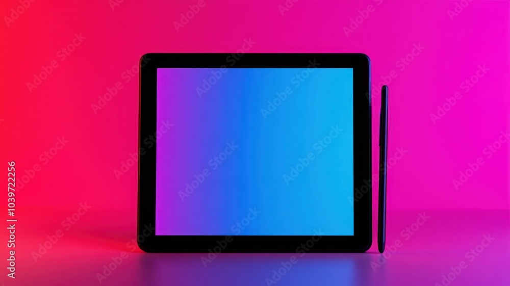 A sleek digital tablet with a vibrant gradient screen, illuminated against a stylish pink and blue background. A sleek digital tablet with a vibrant gradient screen, illuminated against a stylish pink and blue background.