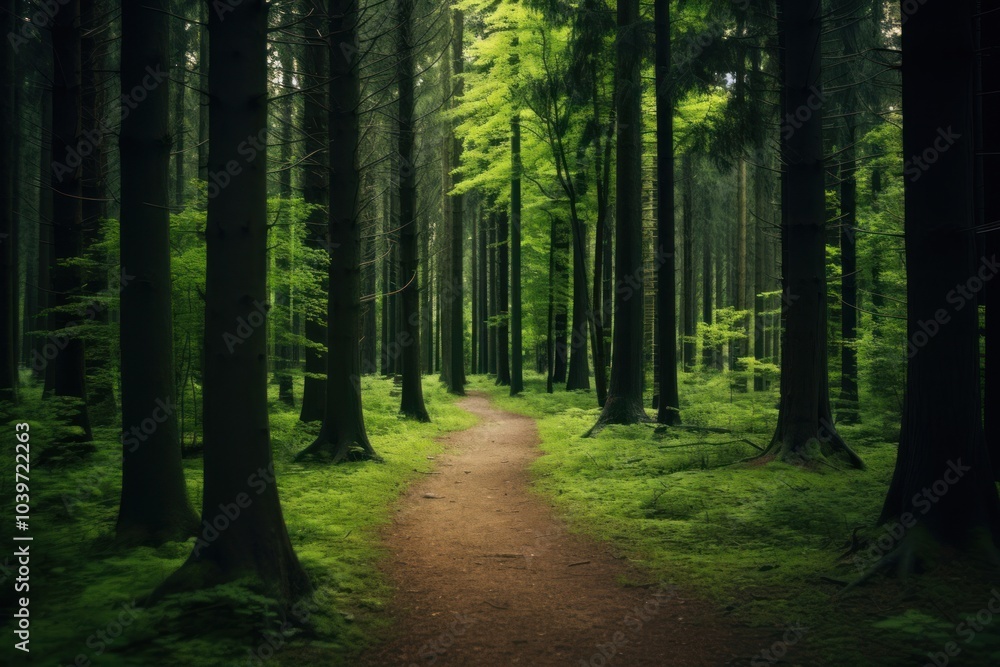 Obraz premium Forest with tall dark green trees nature landscape sunlight.