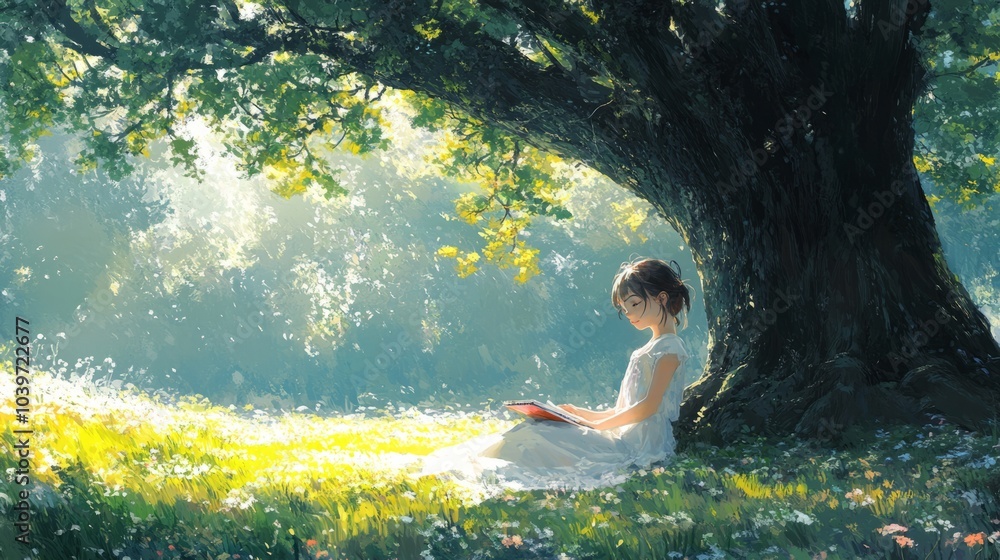 a young girl sitting under a large tree, sketching in her book a young girl sitting under a large tree, sketching in her book