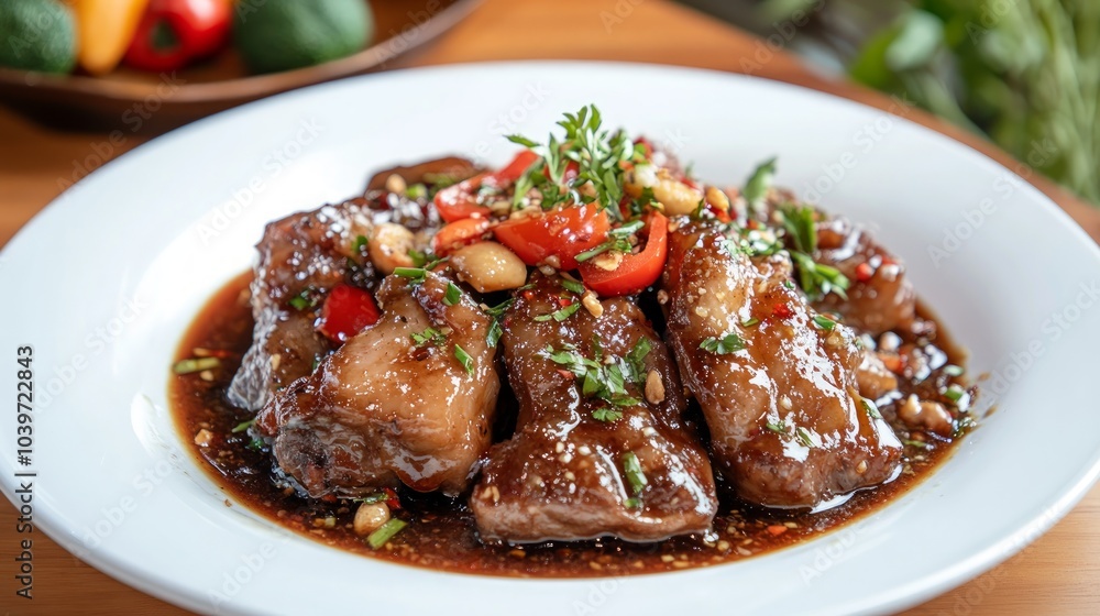 A plate of delicious braised pork with peanuts, chili, and herbs on a wooden table. A plate of delicious braised pork with peanuts, chili, and herbs on a wooden table.
