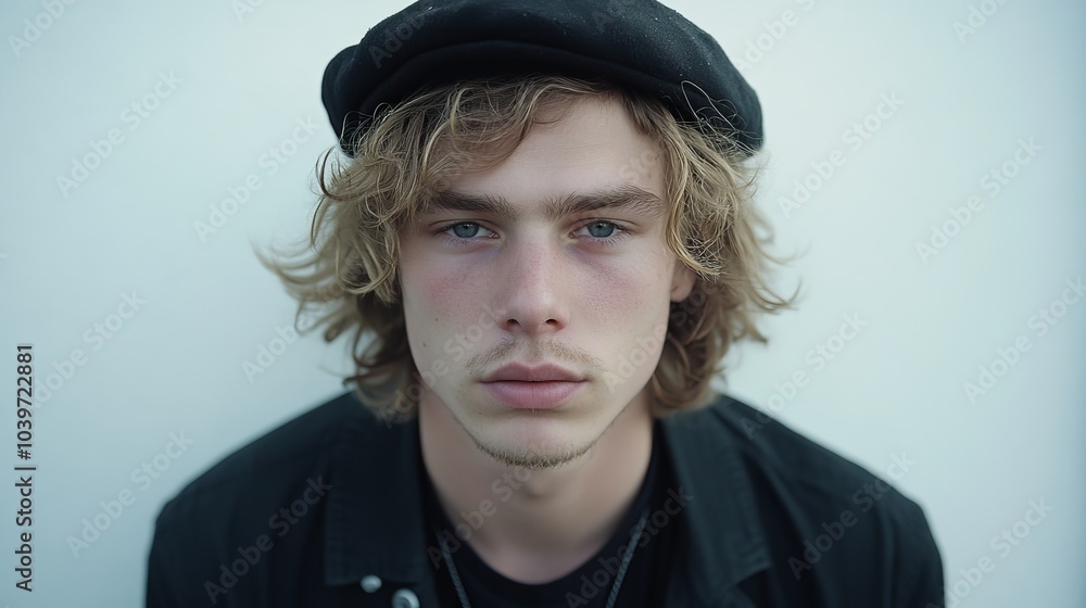 A tight shot of someone in a black shirt, black hat, and black jacket against a white wall A tight shot of someone in a black shirt, black hat, and black jacket against a white wall