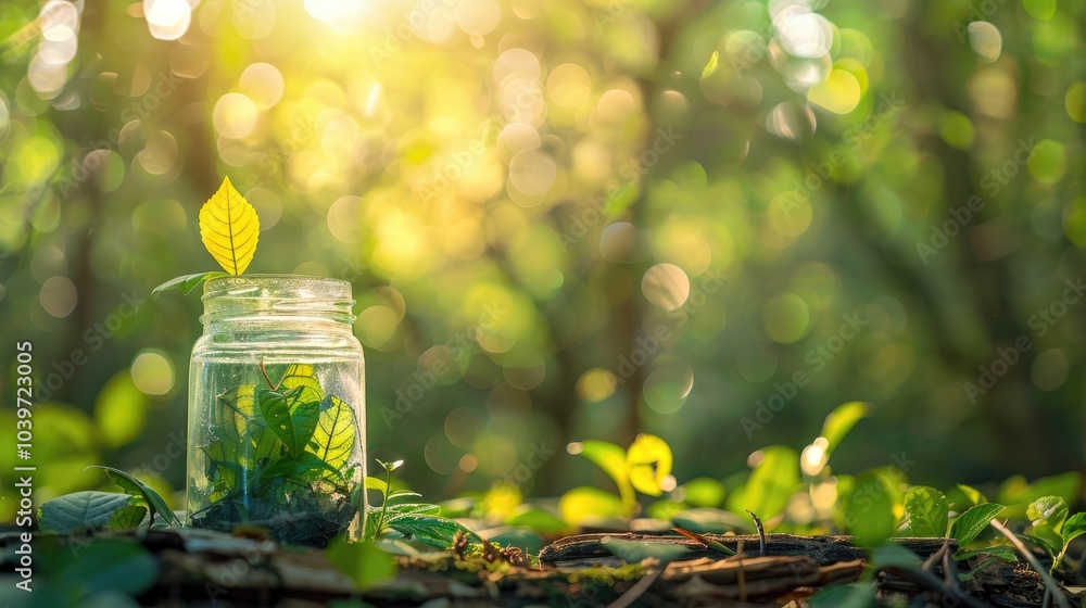 glass jar adorned with the universal recycling symbol, set against a lush forest backdrop, symbolizing eco-friendly packaging solutions for a sustainable, zero waste lifestyle. glass jar adorned with the universal recycling symbol, set against a lush forest backdrop, symbolizing eco-friendly packaging solutions for a sustainable, zero waste lifestyle.